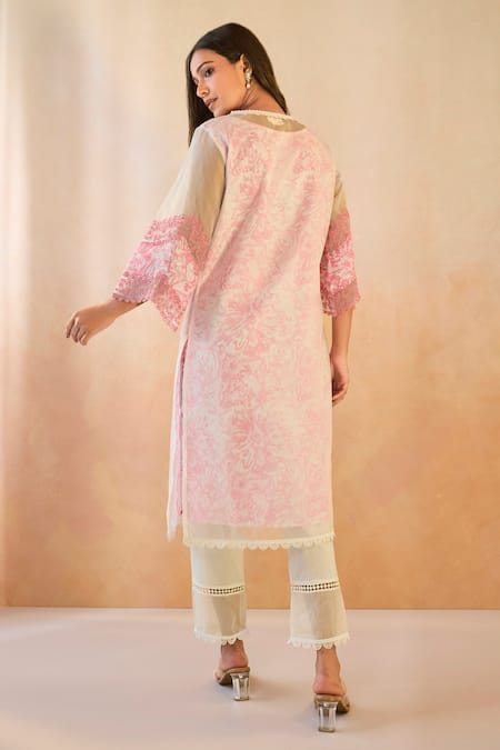 Nero India Blush Cotton, Organza, Linen Embroidery, Lace Round Floral Kurta And Pant Set Online at Aza Fashions Nero India_Blush Cotton, Organza, Linen Embroidery, Lace Round Floral Kurta And Pant Set _Online_at_Aza_Fashions