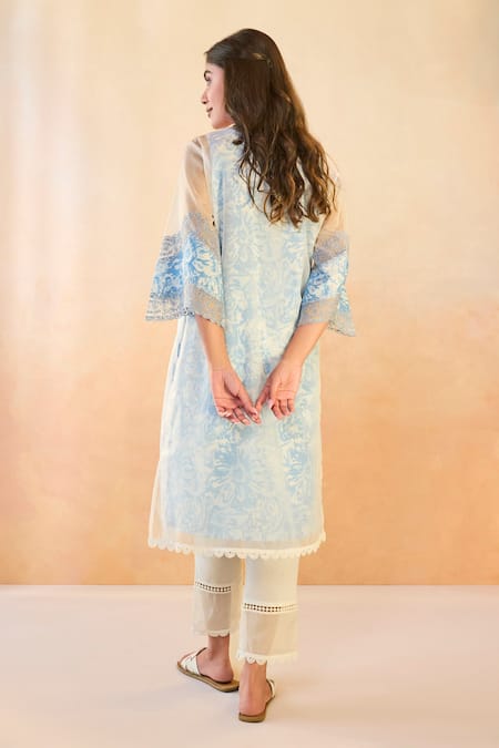Nero India Sky Blue Cotton, Organza, Linen Embroidery Round Neck Floral Kurta Set Online at Aza Fashions Nero India_Sky Blue Cotton, Organza, Linen Embroidery Round Neck Floral Kurta Set _Online_at_Aza_Fashions
