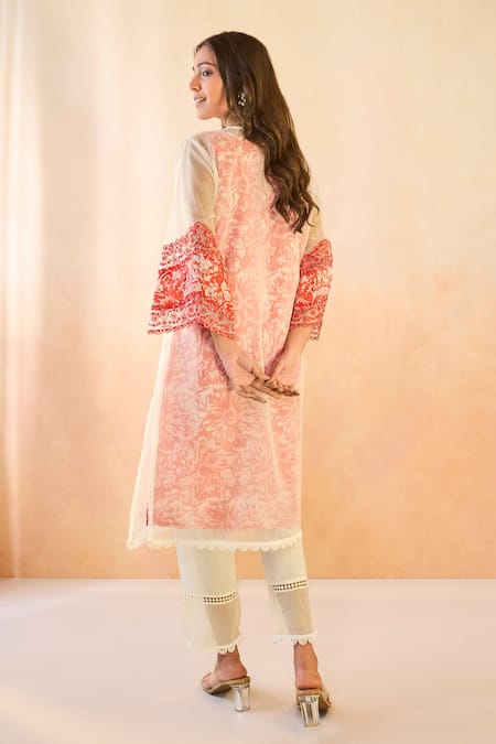 Nero India_Red Cotton, Organza, Linen Embroidery Round Neck Rose Floral Kurta And Pant Set _Online_at_Aza_Fashions