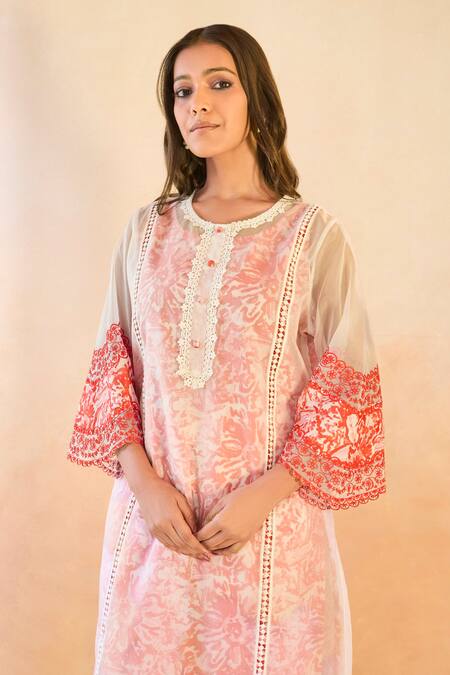 Buy_Nero India_Red Cotton, Organza, Linen Embroidery Round Neck Rose Floral Kurta And Pant Set _Online_at_Aza_Fashions