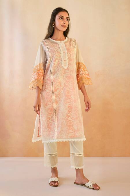 Shop Nero India Orange Cotton, Organza, Linen Embroidery, Lace Round Neck Floral Kurta Set Online at Aza Fashions Shop_Nero India_Orange Cotton, Organza, Linen Embroidery, Lace Round Neck Floral Kurta Set _Online_at_Aza_Fashions