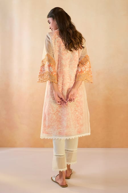 Nero India Orange Cotton, Organza, Linen Embroidery, Lace Round Neck Floral Kurta Set Online at Aza Fashions Nero India_Orange Cotton, Organza, Linen Embroidery, Lace Round Neck Floral Kurta Set _Online_at_Aza_Fashions