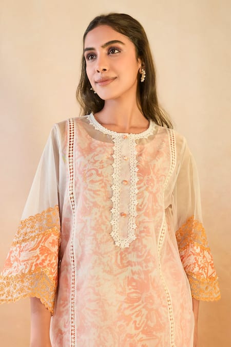 Nero India Orange Cotton, Organza, Linen Embroidery, Lace Round Neck Floral Kurta Set at Aza Fashions Nero India_Orange Cotton, Organza, Linen Embroidery, Lace Round Neck Floral Kurta Set _at_Aza_Fashions