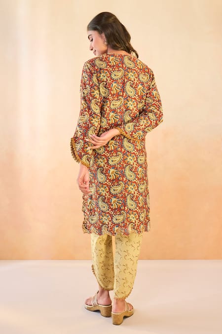 Nero India Red Cotton Embroidery V-neck Ruby Petal Scallop Kurta And Pant Set Online at Aza Fashions Nero India_Red Cotton Embroidery V-neck Ruby Petal Scallop Kurta And Pant Set _Online_at_Aza_Fashions