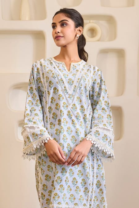 Buy Nero India Blue Cotton Embroidery V-neck Charm Kurta With Tulip Pants Online at Aza Fashions Buy_Nero India_Blue Cotton Embroidery V-neck Charm Kurta With Tulip Pants _Online_at_Aza_Fashions