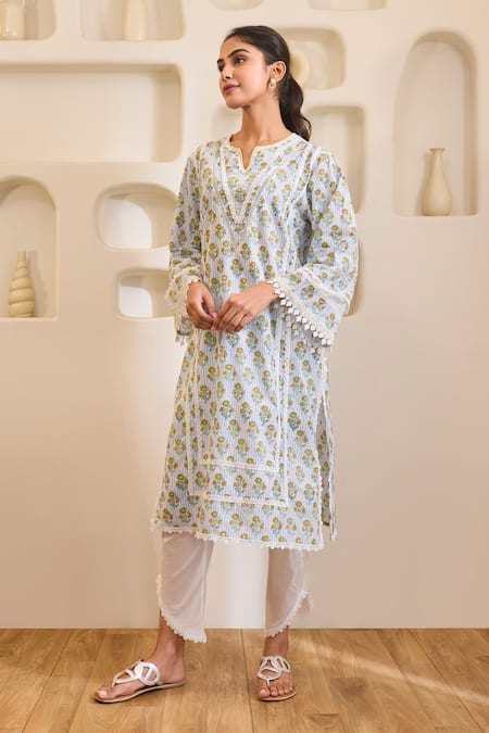 Shop Nero India Blue Cotton Embroidery V-neck Charm Kurta With Tulip Pants Online at Aza Fashions Shop_Nero India_Blue Cotton Embroidery V-neck Charm Kurta With Tulip Pants _Online_at_Aza_Fashions