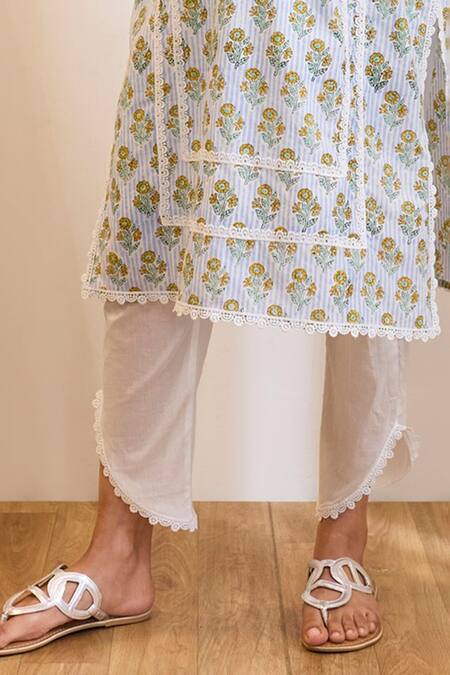 Buy Nero India Blue Cotton Embroidery V-neck Charm Kurta With Tulip Pants Buy_Nero India_Blue Cotton Embroidery V-neck Charm Kurta With Tulip Pants