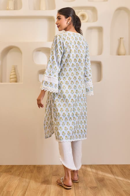 Nero India Blue Cotton Embroidery V-neck Charm Kurta With Tulip Pants Online at Aza Fashions Nero India_Blue Cotton Embroidery V-neck Charm Kurta With Tulip Pants _Online_at_Aza_Fashions