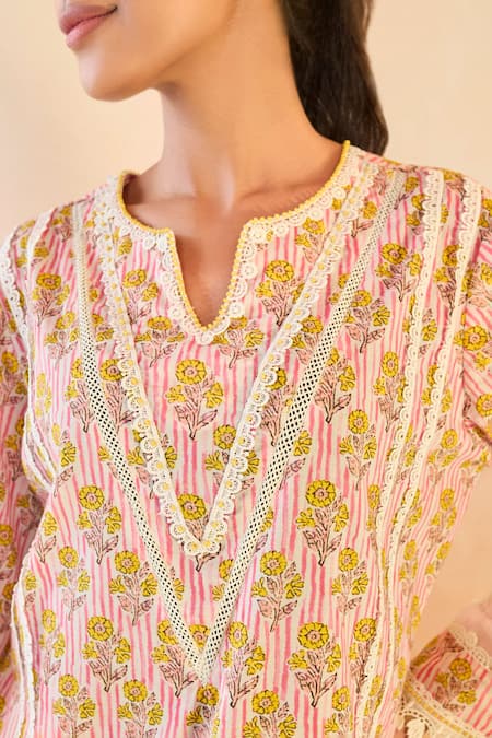 Shop Nero India Pink Cotton Lace V-neck Charm Kurta With Tulip Pants Online at Aza Fashions Shop_Nero India_Pink Cotton Lace V-neck Charm Kurta With Tulip Pants _Online_at_Aza_Fashions