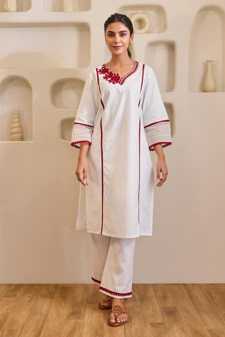 Nero India Red Rose Embroidered Khaadi Kurta Set 
