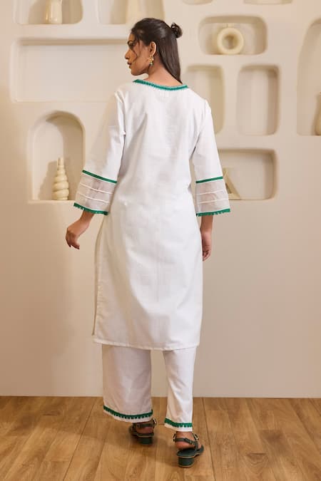 Nero India_White Handloom Cotton Embroidery V-neck Emerald Rose Khaadi Set _Online_at_Aza_Fashions