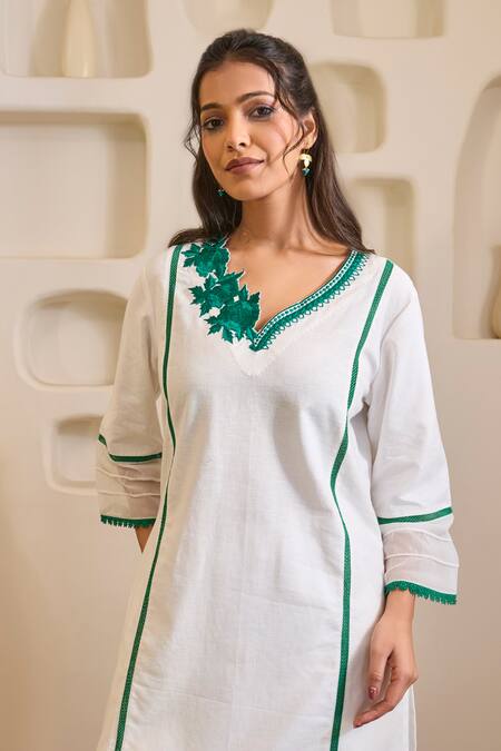 Shop_Nero India_White Handloom Cotton Embroidery V-neck Emerald Rose Khaadi Set _Online_at_Aza_Fashions
