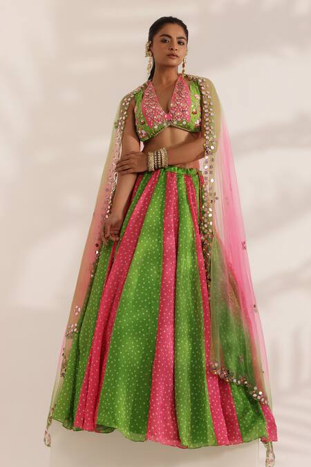Manisha Soni Couture_Pink Satin, Georgette, Net Mirrors V-neck Embroidered Bandhani Lehenga Set _Online_at_Aza_Fashions