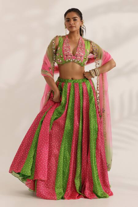 Buy_Manisha Soni Couture_Pink Satin, Georgette, Net Mirrors V-neck Embroidered Bandhani Lehenga Set _Online_at_Aza_Fashions