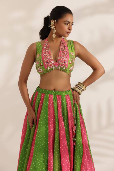 Shop_Manisha Soni Couture_Pink Satin, Georgette, Net Mirrors V-neck Embroidered Bandhani Lehenga Set _Online_at_Aza_Fashions