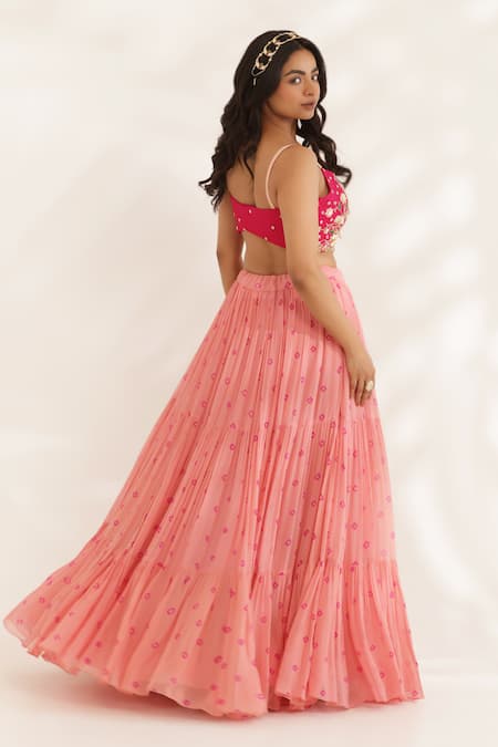 Manisha Soni Couture Coral Peach Bandhani Lehenga Set 