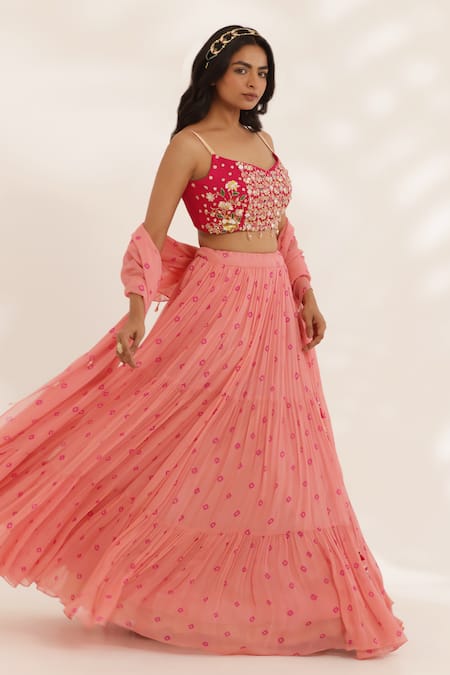 Buy Manisha Soni Couture Peach Georgette, Organza Mirrors Scoop Neck Coral Bandhani Lehenga Set Online at Aza Fashions Buy_Manisha Soni Couture_Peach Georgette, Organza Mirrors Scoop Neck Coral Bandhani Lehenga Set _Online_at_Aza_Fashions