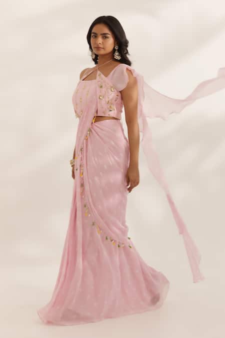Manisha Soni Couture Pink Georgette, Silk Embroidery, Beads Asymmetric Pastel Hand Saree Set Online at Aza Fashions Manisha Soni Couture_Pink Georgette, Silk Embroidery, Beads Asymmetric Pastel Hand Saree Set _Online_at_Aza_Fashions