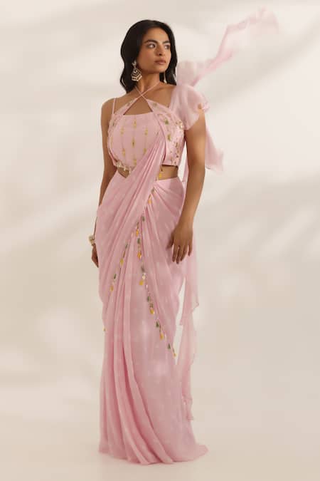 Buy Manisha Soni Couture Pink Georgette, Silk Embroidery, Beads Asymmetric Pastel Hand Saree Set Online at Aza Fashions Buy_Manisha Soni Couture_Pink Georgette, Silk Embroidery, Beads Asymmetric Pastel Hand Saree Set _Online_at_Aza_Fashions