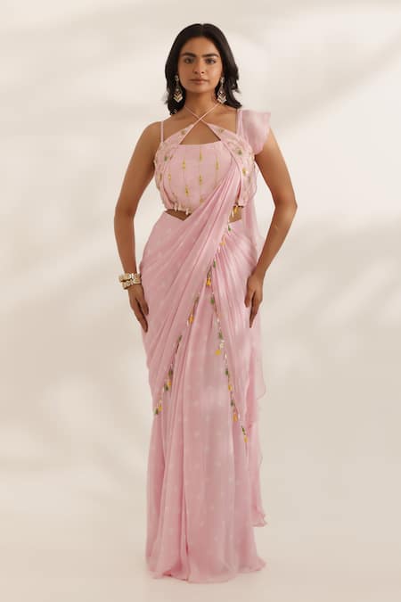 Shop Manisha Soni Couture Pink Georgette, Silk Embroidery, Beads Asymmetric Pastel Hand Saree Set Online at Aza Fashions Shop_Manisha Soni Couture_Pink Georgette, Silk Embroidery, Beads Asymmetric Pastel Hand Saree Set _Online_at_Aza_Fashions