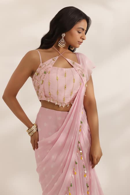 Manisha Soni Couture Pink Georgette, Silk Embroidery, Beads Asymmetric Pastel Hand Saree Set at Aza Fashions Manisha Soni Couture_Pink Georgette, Silk Embroidery, Beads Asymmetric Pastel Hand Saree Set _at_Aza_Fashions