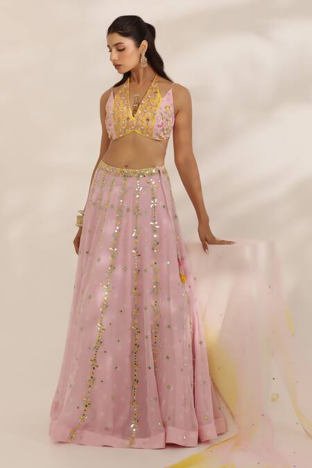 Buy_Manisha Soni Couture_Pink Georgette, Net Sequins, Beads Halter Neck Designer Bandhani Lehenga Set _Online_at_Aza_Fashions