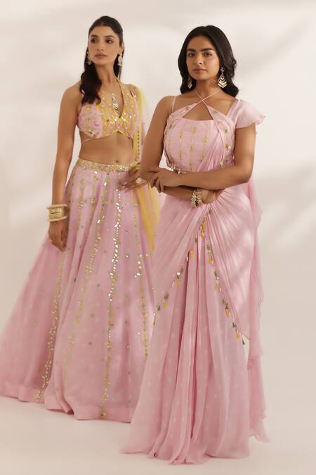 Shop_Manisha Soni Couture_Pink Georgette, Net Sequins, Beads Halter Neck Designer Bandhani Lehenga Set _Online_at_Aza_Fashions