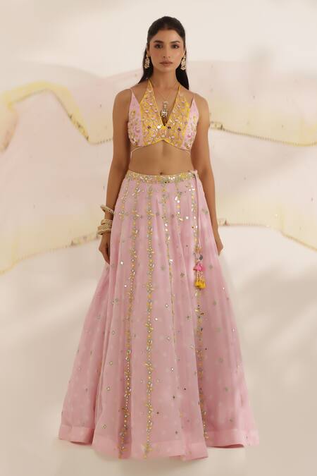 Manisha Soni Couture_Pink Georgette, Net Sequins, Beads Halter Neck Designer Bandhani Lehenga Set _at_Aza_Fashions