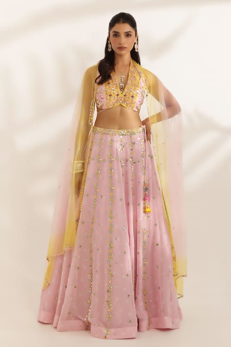 Manisha Soni Couture Pink Georgette, Net Sequins, Beads Halter Neck Designer Bandhani Lehenga Set 