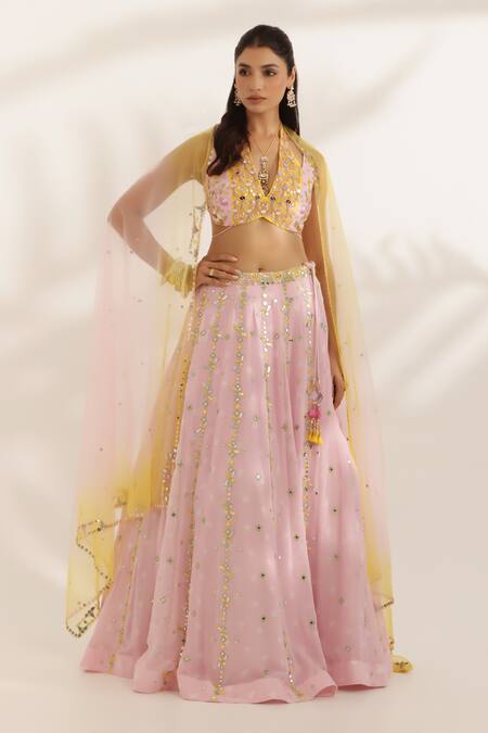 Shop_Manisha Soni Couture_Pink Georgette, Net Sequins, Beads Halter Neck Designer Bandhani Lehenga Set 