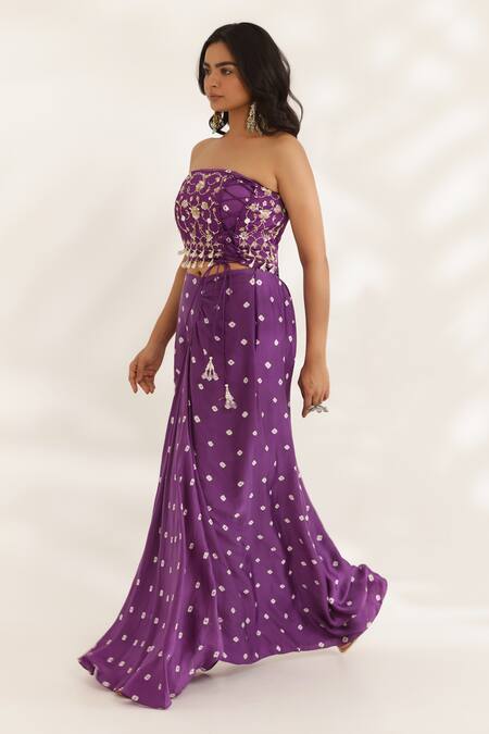 Manisha Soni Couture Purple Satin, Silk Beads Off-shoulder Bandhani Hand Embroidered Set Online at Aza Fashions Manisha Soni Couture_Purple Satin, Silk Beads Off-shoulder Bandhani Hand Embroidered Set _Online_at_Aza_Fashions