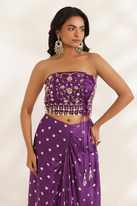Shop Manisha Soni Couture Purple Satin, Silk Beads Off-shoulder Bandhani Hand Embroidered Set Online at Aza Fashions Shop_Manisha Soni Couture_Purple Satin, Silk Beads Off-shoulder Bandhani Hand Embroidered Set _Online_at_Aza_Fashions