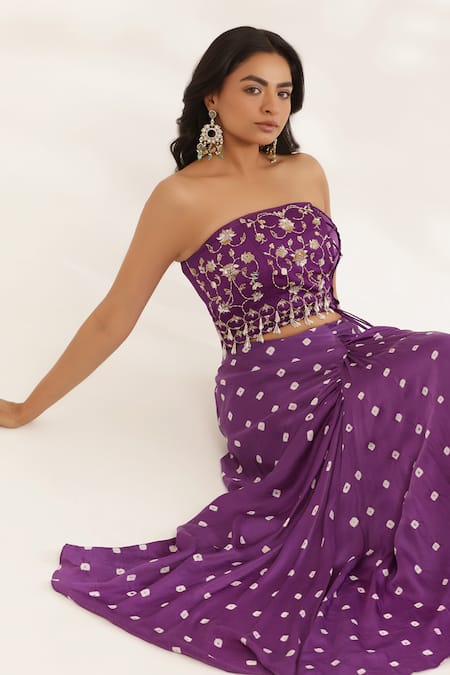 Manisha Soni Couture Purple Satin, Silk Beads Off-shoulder Bandhani Hand Embroidered Set at Aza Fashions Manisha Soni Couture_Purple Satin, Silk Beads Off-shoulder Bandhani Hand Embroidered Set _at_Aza_Fashions