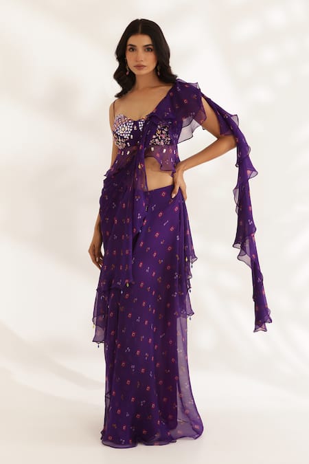 Shop_Manisha Soni Couture_Purple Chiffon Embroidery Sweetheart Neck Designer Bandhani Saree Set _Online_at_Aza_Fashions