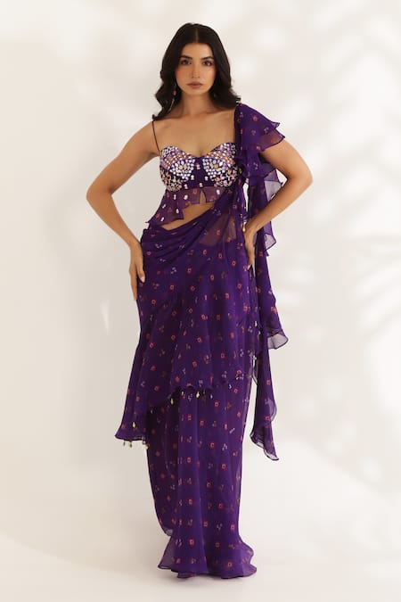 Manisha Soni Couture_Purple Chiffon Embroidery Sweetheart Neck Designer Bandhani Saree Set _at_Aza_Fashions