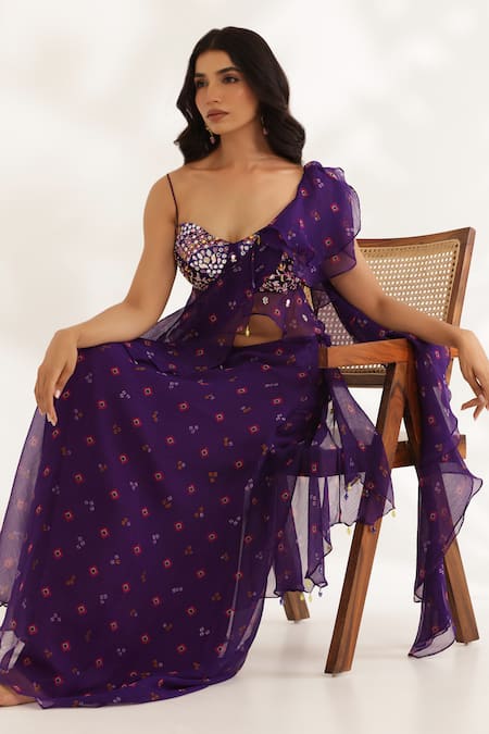 Buy_Manisha Soni Couture_Purple Chiffon Embroidery Sweetheart Neck Designer Bandhani Saree Set 