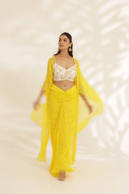 Manisha Soni Couture_Yellow Georgette, Net Embroidery Scoop Neck Bandhani Draped Skirt Set _Online_at_Aza_Fashions