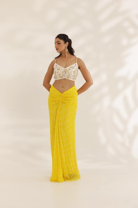 Buy_Manisha Soni Couture_Yellow Georgette, Net Embroidery Scoop Neck Bandhani Draped Skirt Set _Online_at_Aza_Fashions