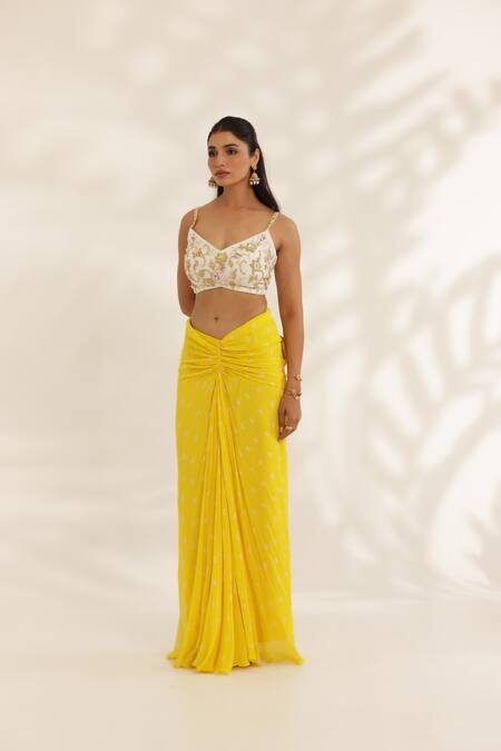 Shop_Manisha Soni Couture_Yellow Georgette, Net Embroidery Scoop Neck Bandhani Draped Skirt Set _Online_at_Aza_Fashions