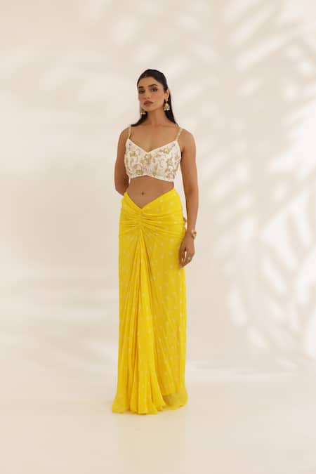 Manisha Soni Couture_Yellow Georgette, Net Embroidery Scoop Neck Bandhani Draped Skirt Set _at_Aza_Fashions