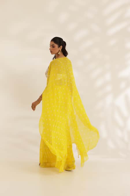Buy_Manisha Soni Couture_Yellow Georgette, Net Embroidery Scoop Neck Bandhani Draped Skirt Set 
