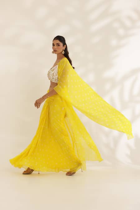 Shop_Manisha Soni Couture_Yellow Georgette, Net Embroidery Scoop Neck Bandhani Draped Skirt Set 