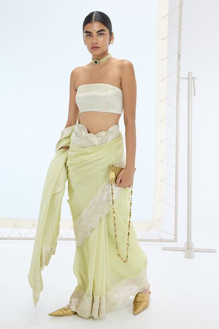 Ekaya Banaras_Pink Organza Pearls Off-shoulder Designer Handwoven Saree Set _Online_at_Aza_Fashions