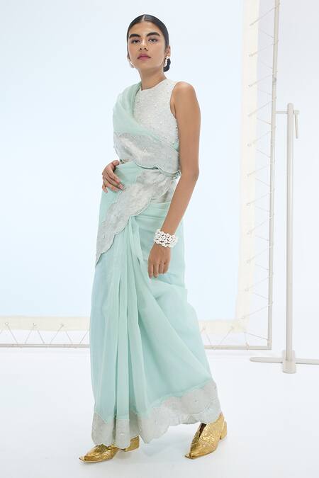 Buy Ekaya Banaras Green Organza Pearls Designer Sea Saree And Blouse Set Online at Aza Fashions Buy_Ekaya Banaras_Green Organza Pearls Designer Sea Saree And Blouse Set _Online_at_Aza_Fashions