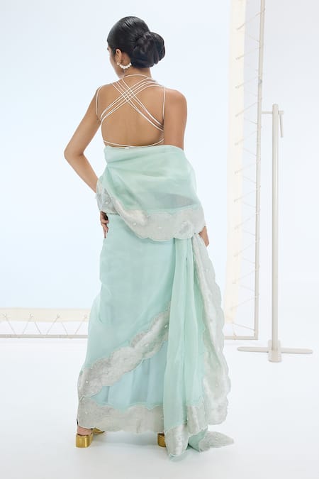 Shop Ekaya Banaras Green Organza Pearls Designer Sea Saree And Blouse Set at Aza Fashions Shop_Ekaya Banaras_Green Organza Pearls Designer Sea Saree And Blouse Set _at_Aza_Fashions