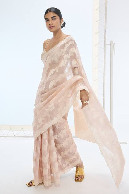 Ekaya Banaras_Peach Organza Pearls Designer Handwoven Saree Set _Online_at_Aza_Fashions