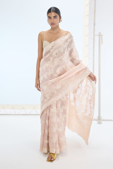 Ekaya Banaras Peach Organza Pearls Designer Handwoven Saree Set 