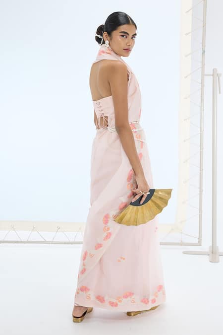 Shop Ekaya Banaras Pink Silk Organza Pearls Designer Saree Set at Aza Fashions Shop_Ekaya Banaras_Pink Silk Organza Pearls Designer Saree Set _at_Aza_Fashions