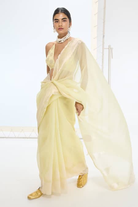 Ekaya Banaras_Yellow Organza, Silk Pearls Designer Lemon Saree And Unstitched Blouse _Online_at_Aza_Fashions