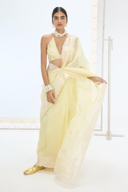 Ekaya Banaras Yellow Organza, Silk Pearls Designer Lemon Saree And Unstitched Blouse 